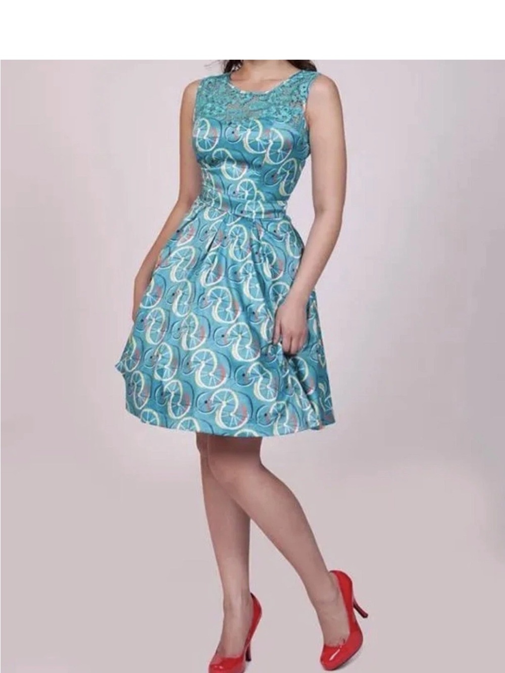 Tatyana Cruiser Bicycle Wheel Print 1950s Swing Dress Size Small